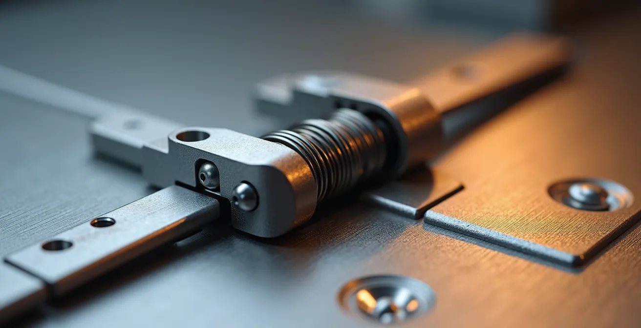 Mécanisme détaillé d'une charnière flottante d'un gaufrier, montrant l'ajustement automatique en fonction de l'épaisseur