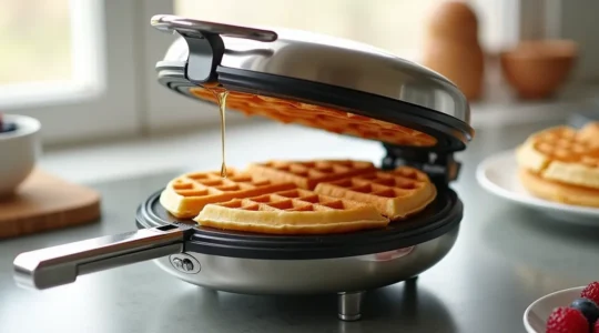 Gaufrier polyvalent avec plaques interchangeables sur un plan de travail moderne, entouré d'ingrédients frais et de gaufres dorées