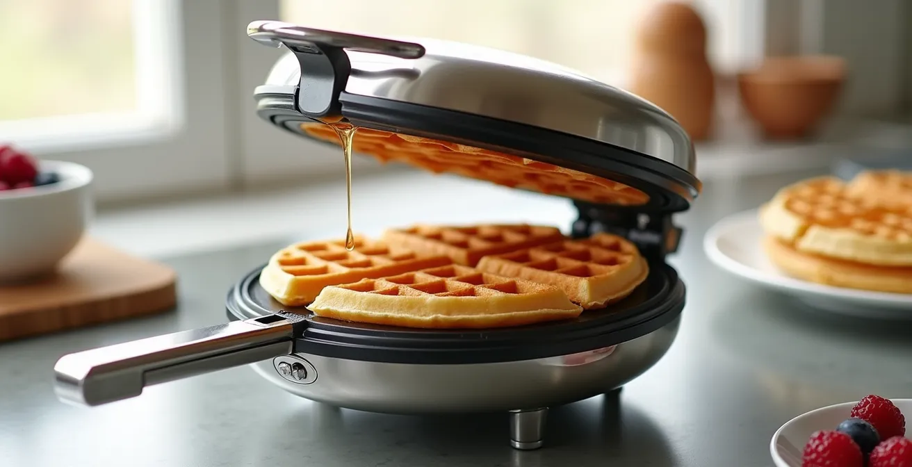 Gaufrier polyvalent avec plaques interchangeables sur un plan de travail moderne, entouré d'ingrédients frais et de gaufres dorées