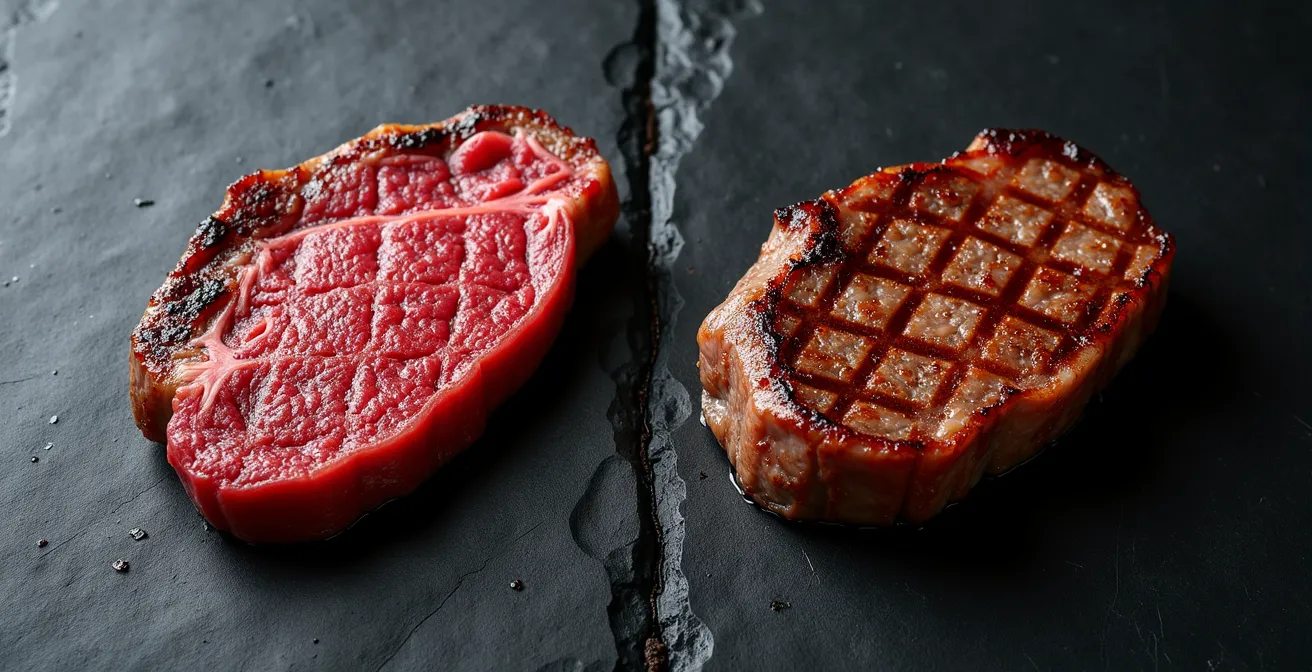 Comparaison visuelle d'une pièce de viande grillée montrant la différence de marquage et de saisie entre un appareil polyvalent et un grill spécialisé