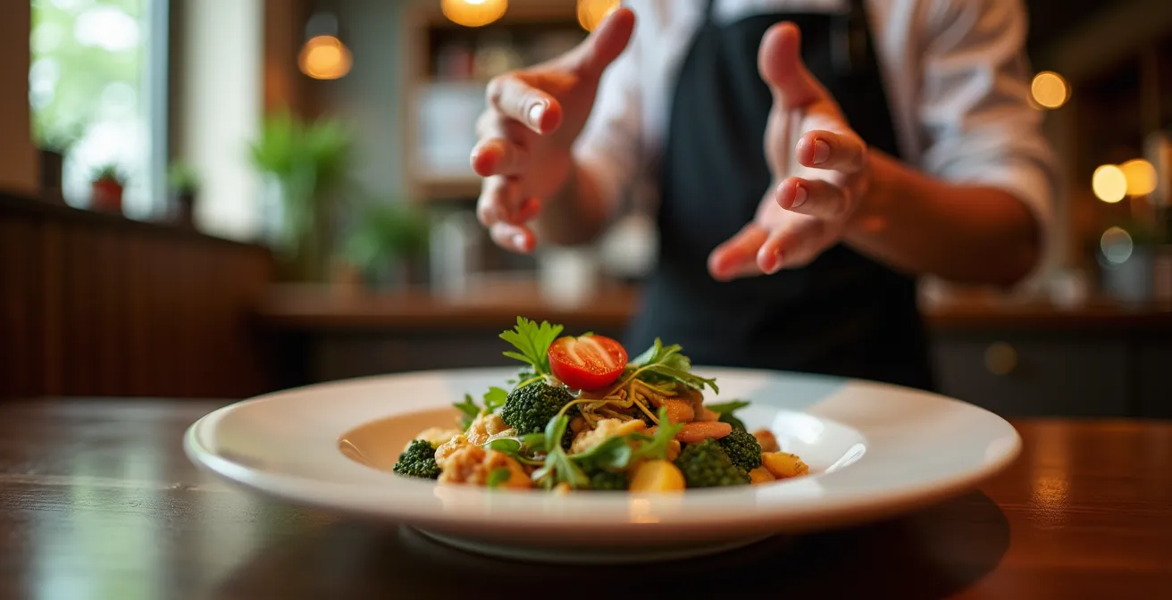 Axe Humain & Émotionnel : Serveur passionné présentant l'origine des produits