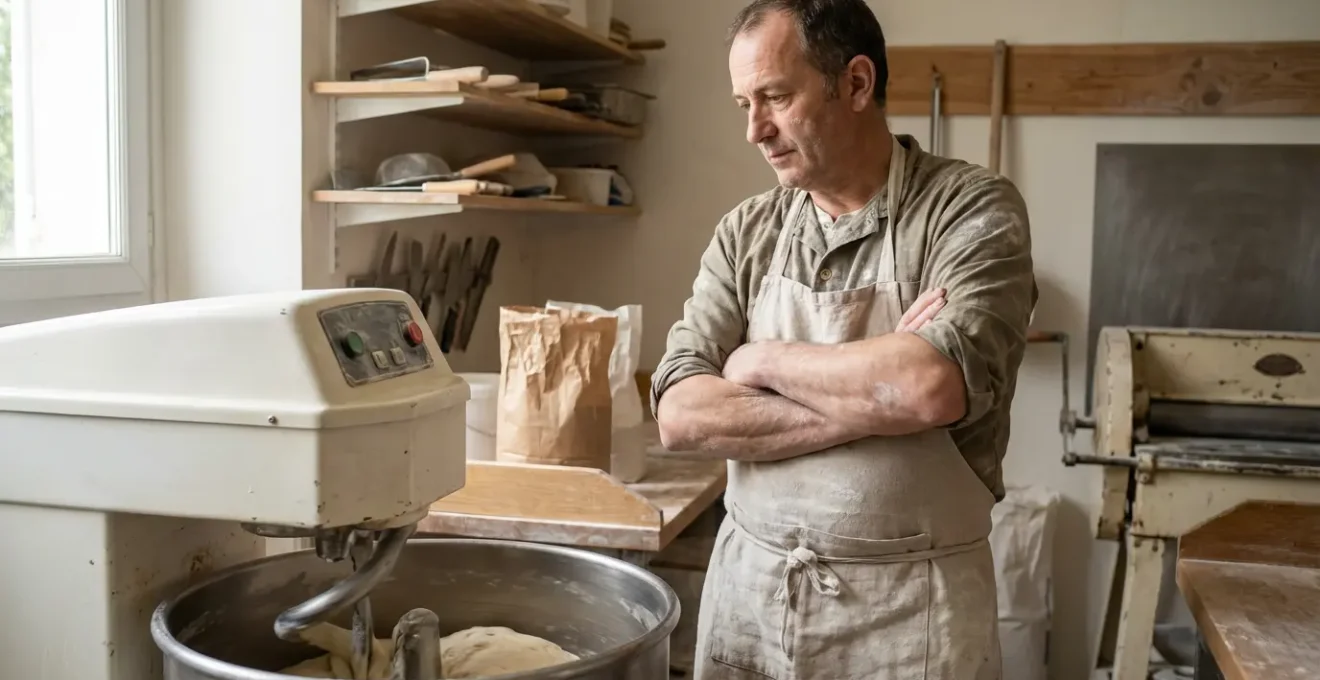 Boulanger artisan observant un pétrin à spirale en fonctionnement dans son fournil pour vérifier l'état du matériel d'occasion