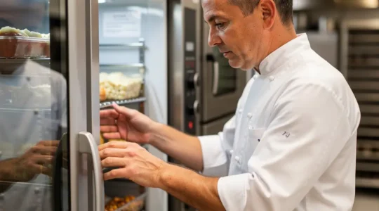 Chef vérifiant le contenu d'une armoire réfrigérée professionnelle en cuisine inox