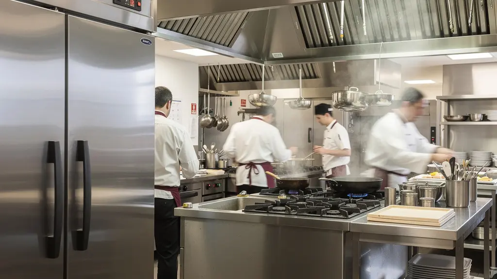 Vue d'ensemble cuisine professionnelle avec armoire réfrigérée et équipe en arrière-plan
