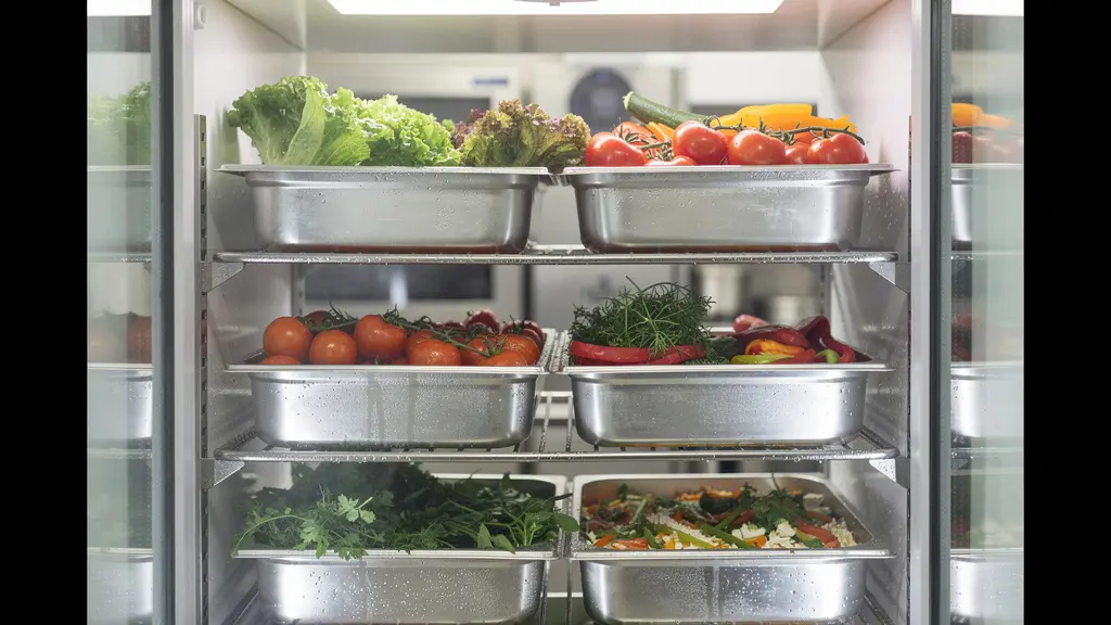 Intérieur d'armoire réfrigérée avec bacs GN et produits frais organisés