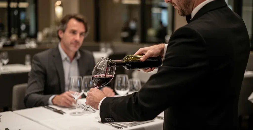 Sommelier versant du vin dans un verre cristallin professionnel en service