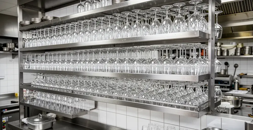 Étagères avec verrerie cristallin rangée dans office de restaurant professionnel