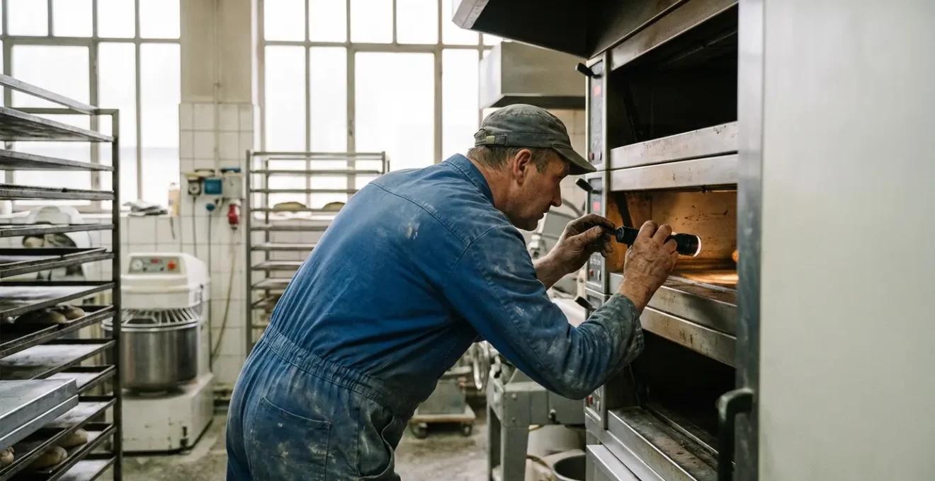 Technicien inspectant un four à soles professionnel dans un atelier de reconditionnement de matériel boulangerie occasion