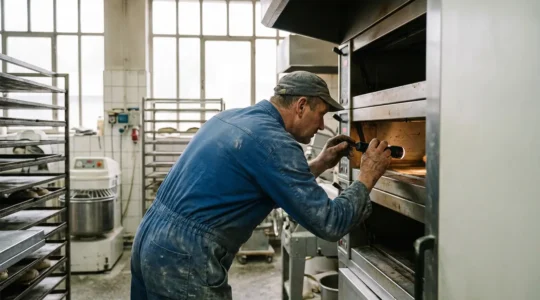 Technicien inspectant un four à soles professionnel dans un atelier de reconditionnement de matériel boulangerie occasion