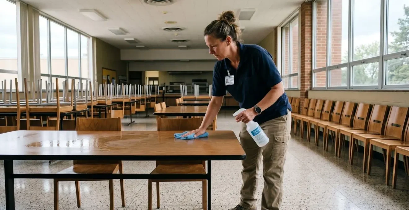 Agent d'entretien en train de nettoyer des tables de cantine scolaire avec un chiffon, dans une salle vide et bien éclairée