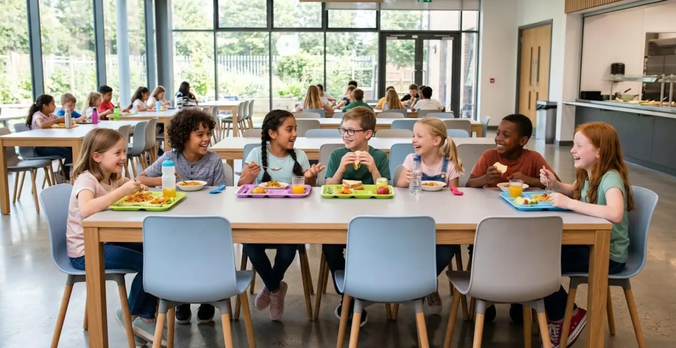 Groupe d'enfants du primaire assis à une table de cantine scolaire moderne dans une salle lumineuse avec mobilier coloré et ergonomique