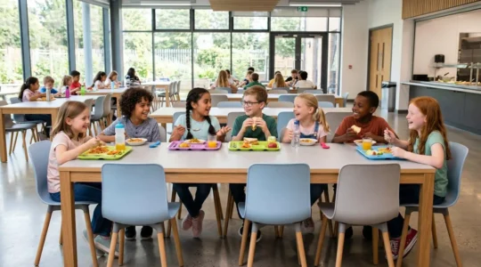 Groupe d'enfants du primaire assis à une table de cantine scolaire moderne dans une salle lumineuse avec mobilier coloré et ergonomique