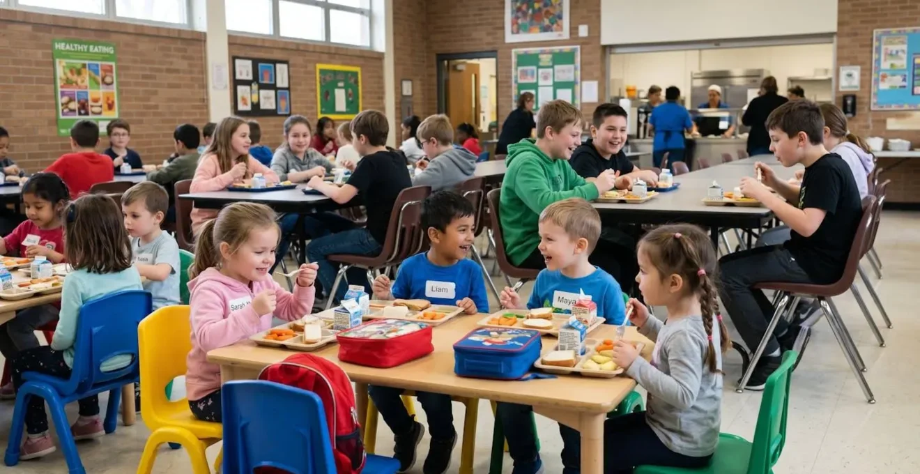 Scène de cantine scolaire montrant des enfants de différents âges assis à des tables de hauteurs adaptées à leur taille