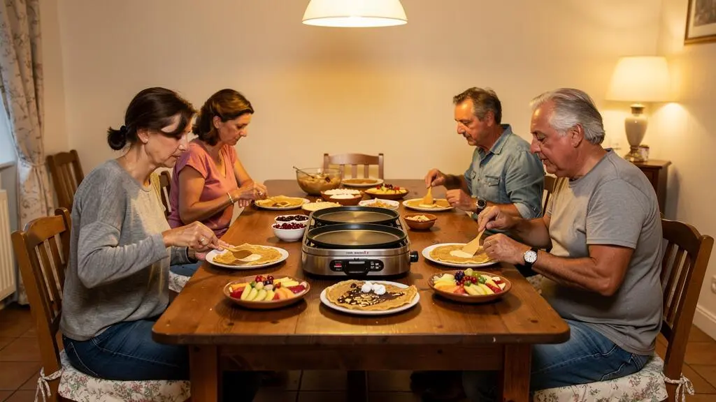 Quatre personnes cuisinent chacune leur crêpe sur un appareil festif à crêpes posé au centre d'une table de dîner.