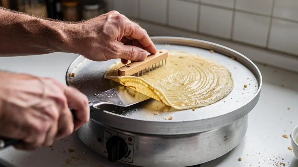 Une main étale la pâte avec un râteau en bois sur une crêpière traditionnelle tandis qu'une spatule soulève le bord d'une crêpe dorée.
