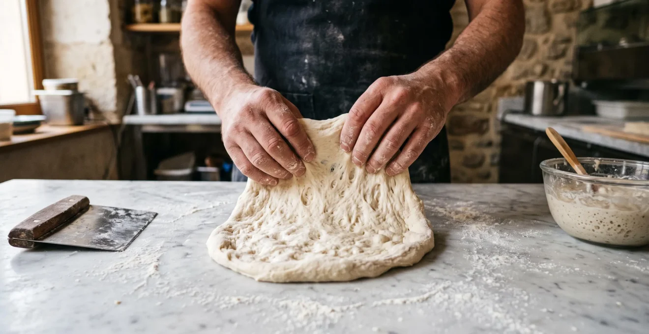 Mains farinées étirant une pâte à pizza maturée pleine de bulles d'air sur un plan de travail en marbre.