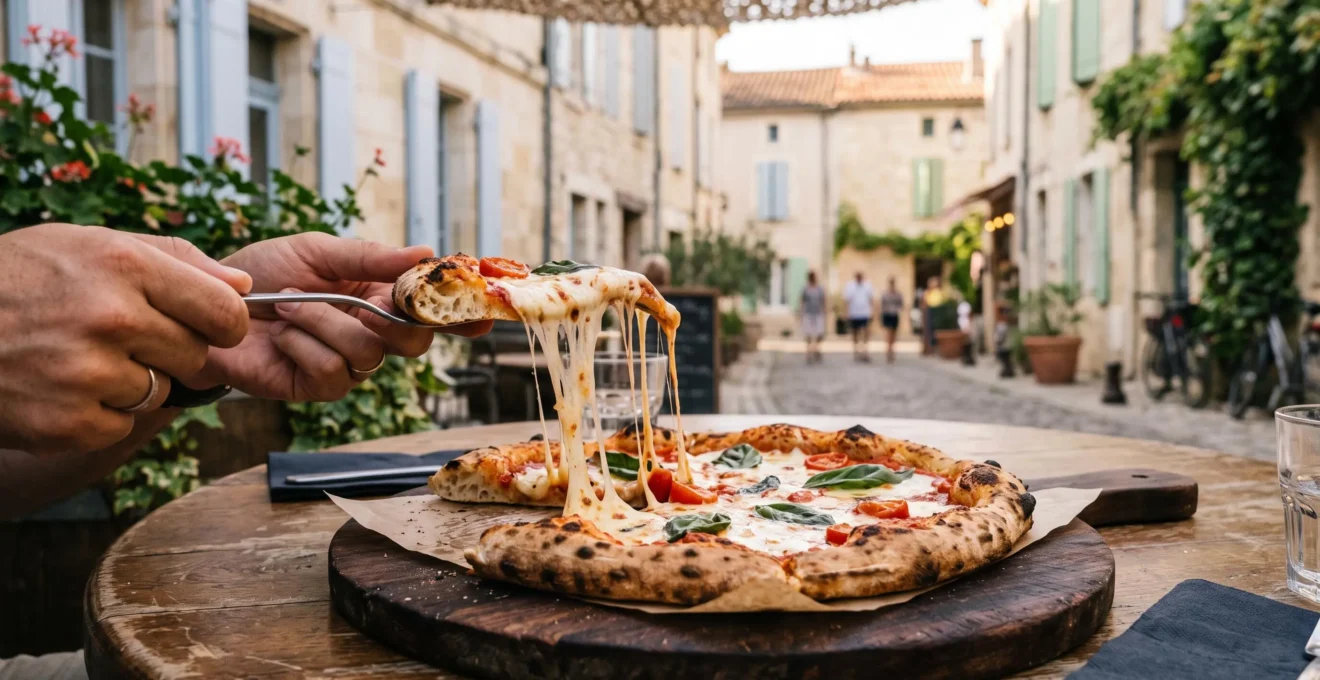 Pizza artisanale fraîchement cuite sur une planche en bois en terrasse, une part soulevée avec du fromage filant.