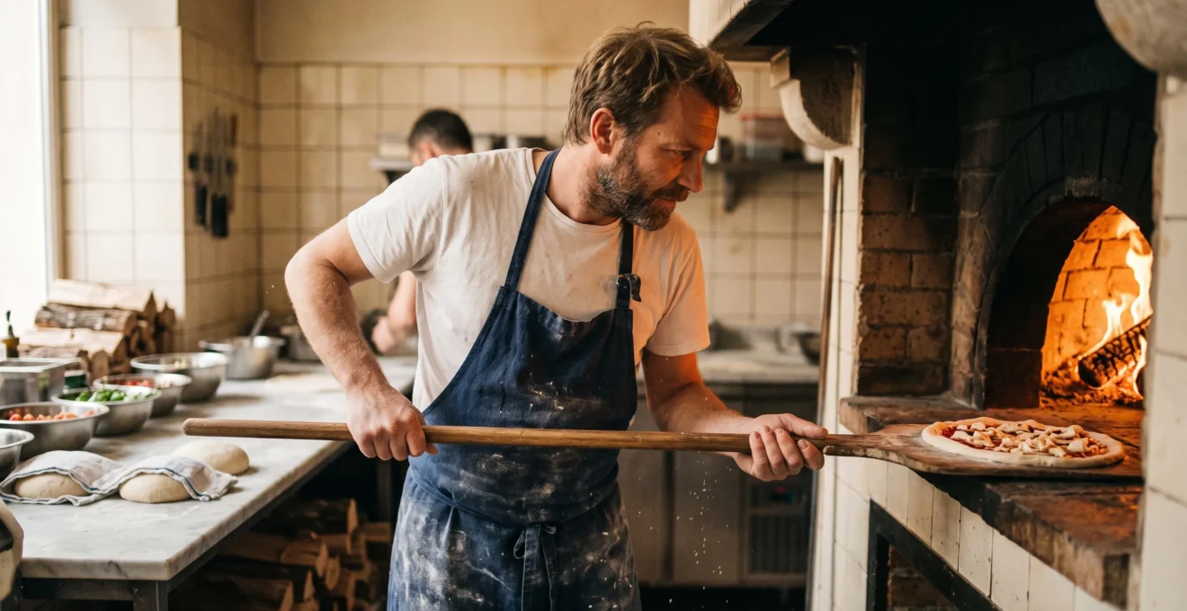 Un pizzaïolo glisse une pizza sur une pelle en bois dans un four à sole incandescent, dans la cuisine d'une pizzeria artisanale française.