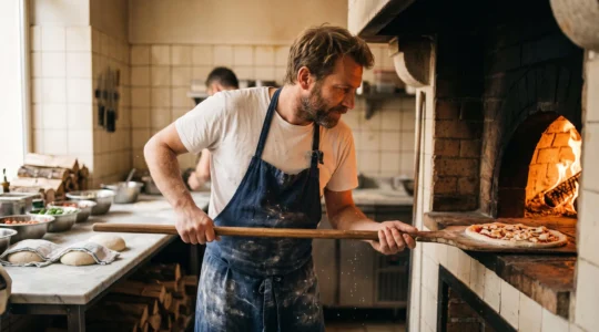 Un pizzaïolo glisse une pizza sur une pelle en bois dans un four à sole incandescent, dans la cuisine d'une pizzeria artisanale française.