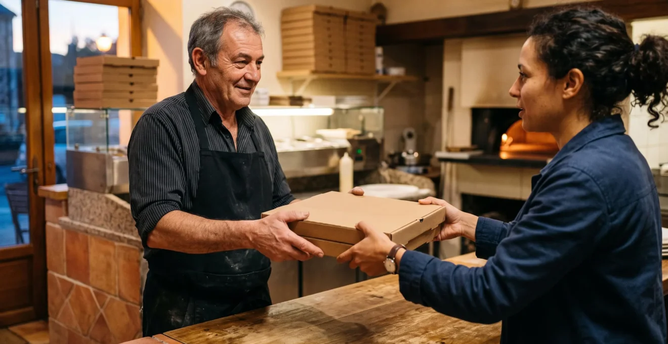 Un pizzaïolo tend une boîte de pizza fermée à un client au comptoir d'une pizzeria pour une commande à emporter.