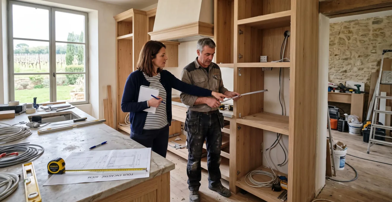 Un cuisiniste et un technicien examinent l'emplacement d'un four encastrable dans une cuisine en cours d'installation.