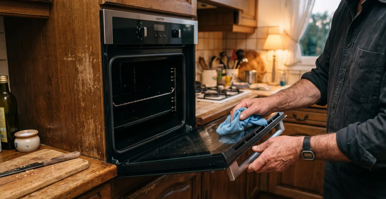 Un homme essuie la porte d'un four encastré ouvert avec un chiffon doux dans sa cuisine.