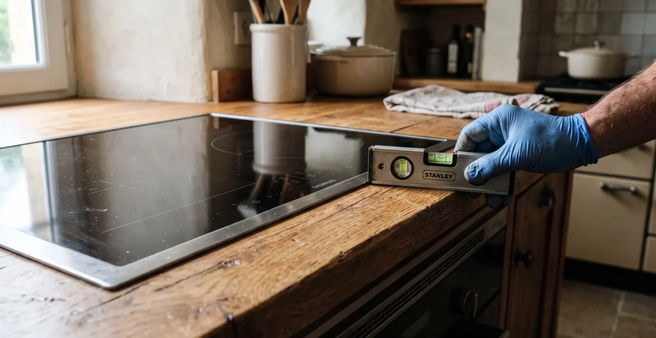 Un niveau à bulle vérifie l'alignement d'une plaque à induction affleurant un plan de travail en bois.